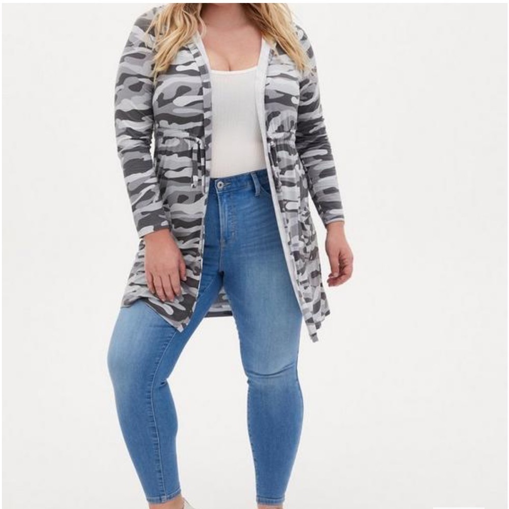 Torrid Super Soft Hooded Anorak gray Camo long cardigan 4X 26